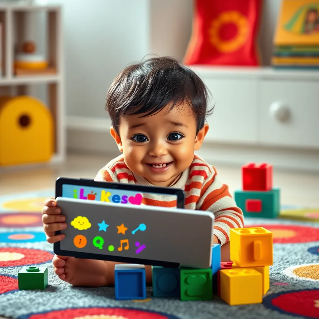 A child with curious eyes and a big smile is sitting on a colorful rug, playing with building blocks. They are singing along to a catchy educational song playing on a tablet. The song features cheerful animations of numbers, letters, and shapes, with bright colors and playful movements.