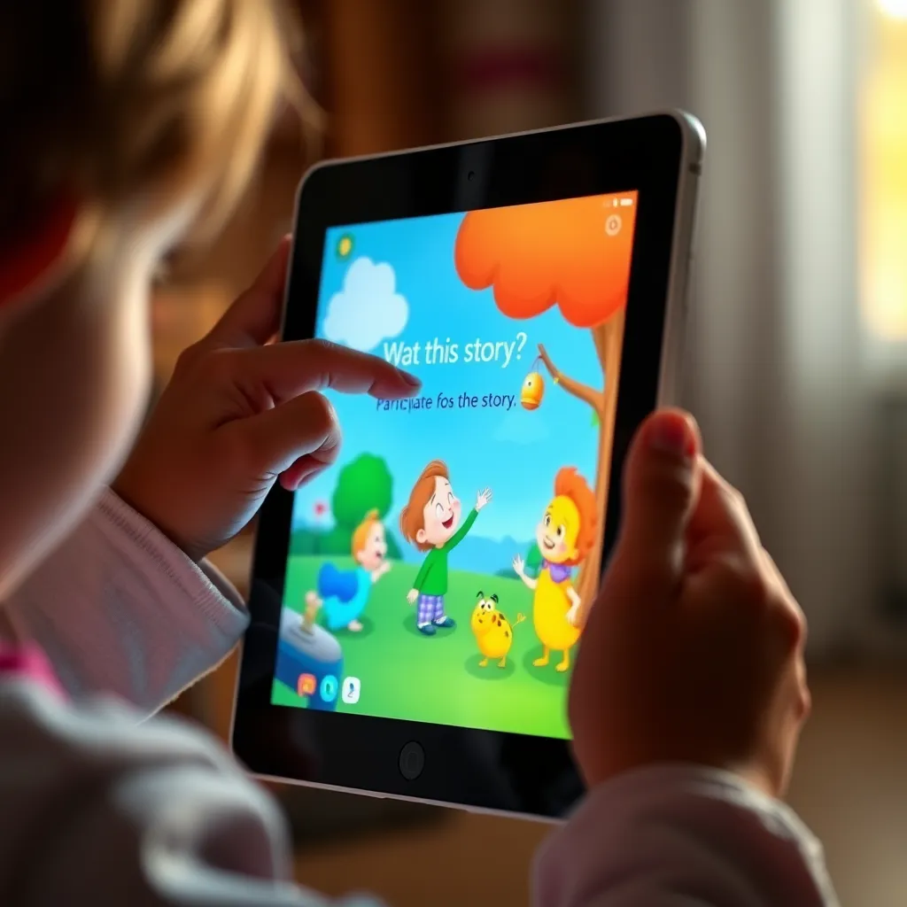 A close-up shot of a child's hand tapping a tablet screen, engaging with a colorful animated story on the AxixKids channel. The screen should display playful characters interacting with the child, inviting them to participate in the story.