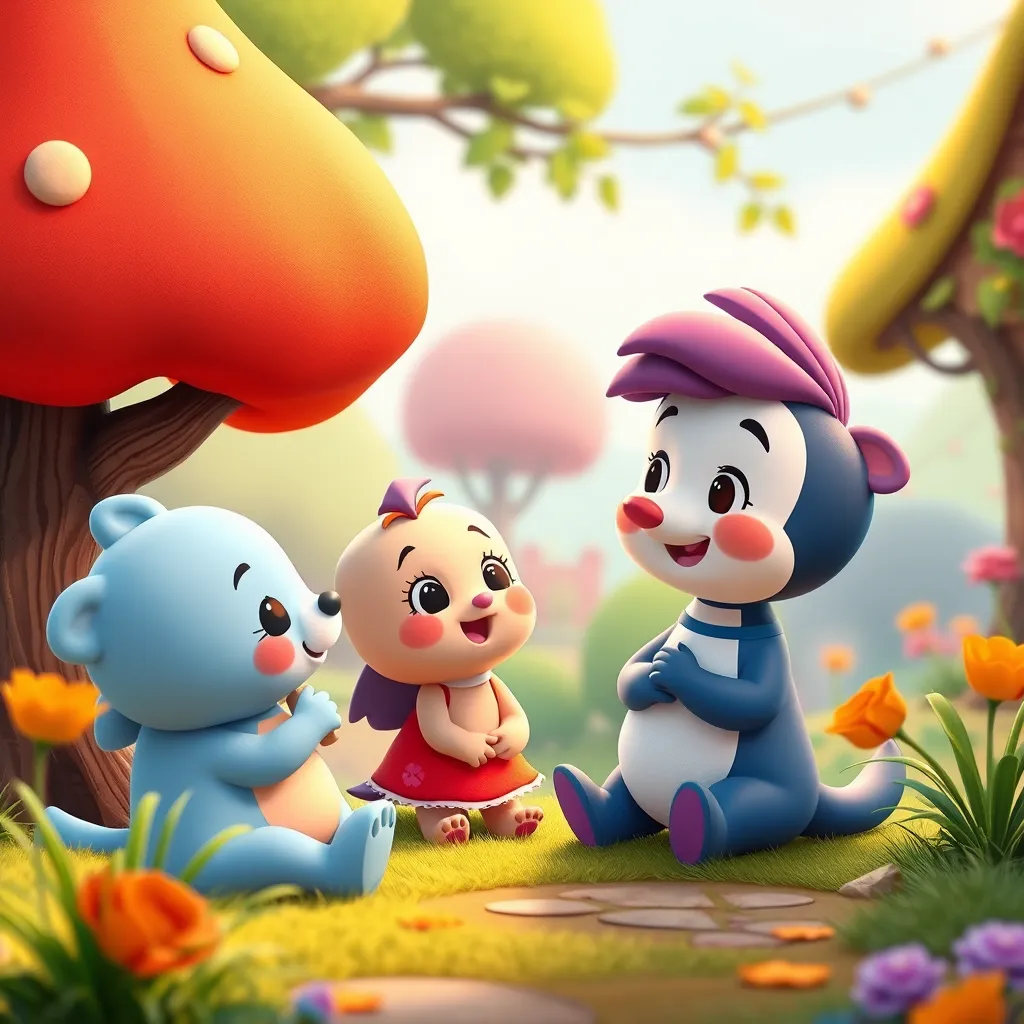 A colorful, animated scene from a story featuring adorable characters interacting with each other in a whimsical world. The animation style is bright, friendly, and engaging for young viewers. The scene depicts a heartwarming moment that teaches a valuable lesson about friendship, kindness, or perseverance.