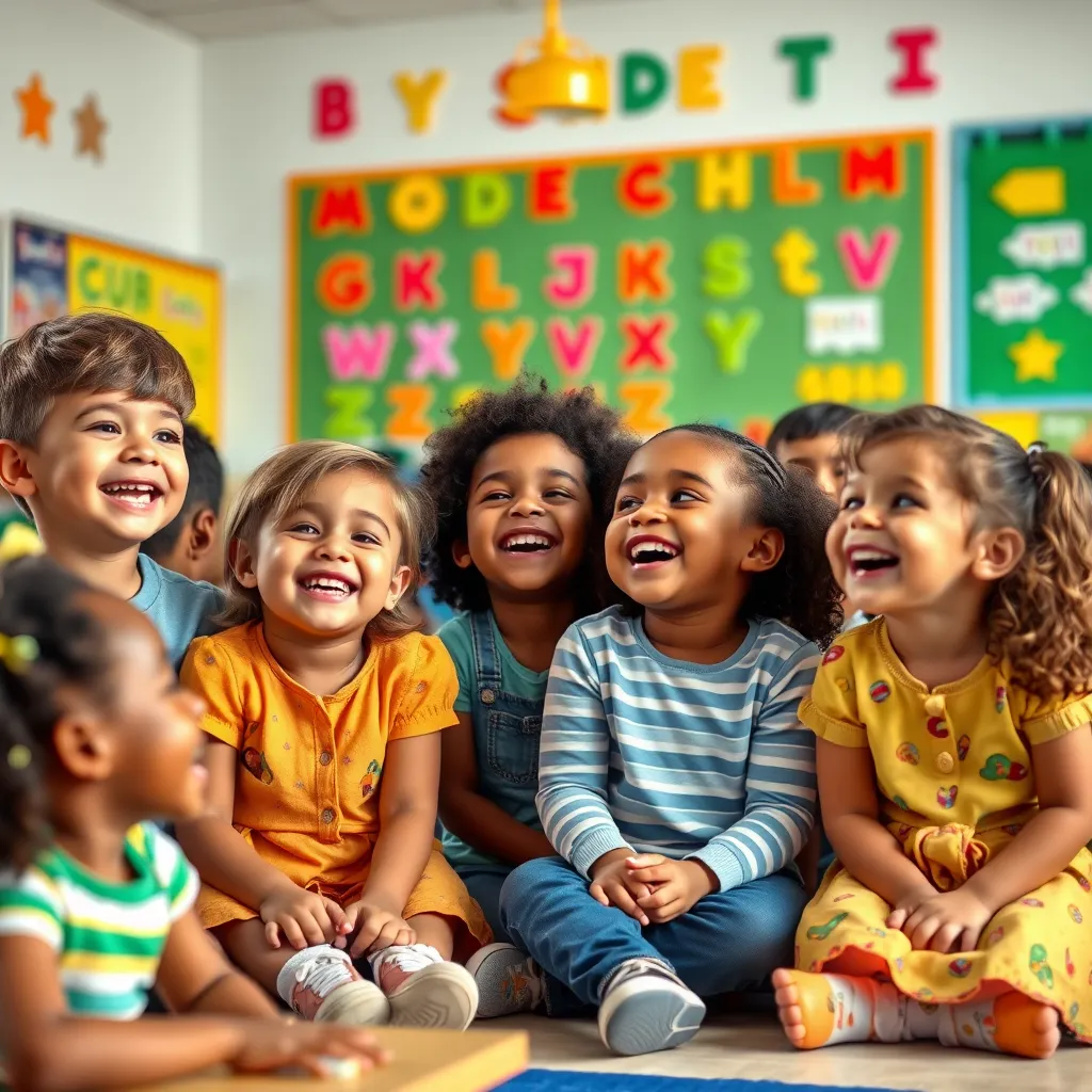 A group of diverse children sitting together in a classroom, smiling and singing along to an educational song about the alphabet. The classroom is bright and cheerful, decorated with colorful alphabet posters and playful learning tools.