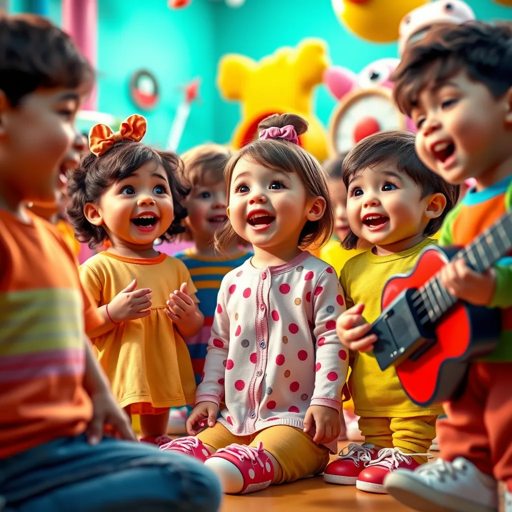 A group of happy children, dressed in colorful clothes, singing along to a nursery rhyme with a modern twist. The scene is set in a brightly colored, playful environment with interactive elements, like giant musical instruments and playful characters.