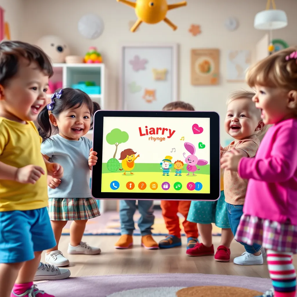 A group of happy children, dressed in colorful clothes, are dancing and singing along to a nursery rhyme animation playing on a tablet. The animation features bright colors, playful characters, and a catchy tune. The background is a cheerful, cartoon-style nursery with toys and furniture.