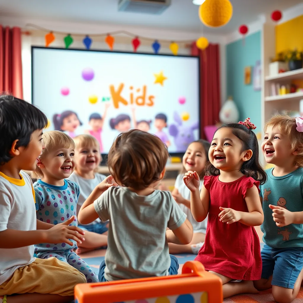 A photorealistic image of a group of happy children laughing and dancing together in a bright, colorful room. They are watching an AxixKids video on a large screen, surrounded by toys and playful decorations. The overall mood should be positive and joyful.