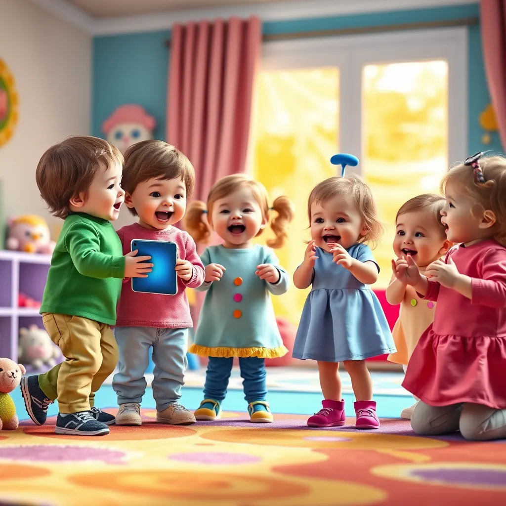 A photorealistic image of a group of children, ages 2-4, joyfully singing and dancing along to a cheerful nursery rhyme playing on a tablet. The background is a brightly colored playroom with soft, plush toys and a colorful rug. The scene is filled with warm, inviting light, and the children are dressed in vibrant, playful clothes. The image should be in the style of a classic children's book illustration, with high-quality textures and details. 8K resolution, ultra-detailed, hyperrealistic.