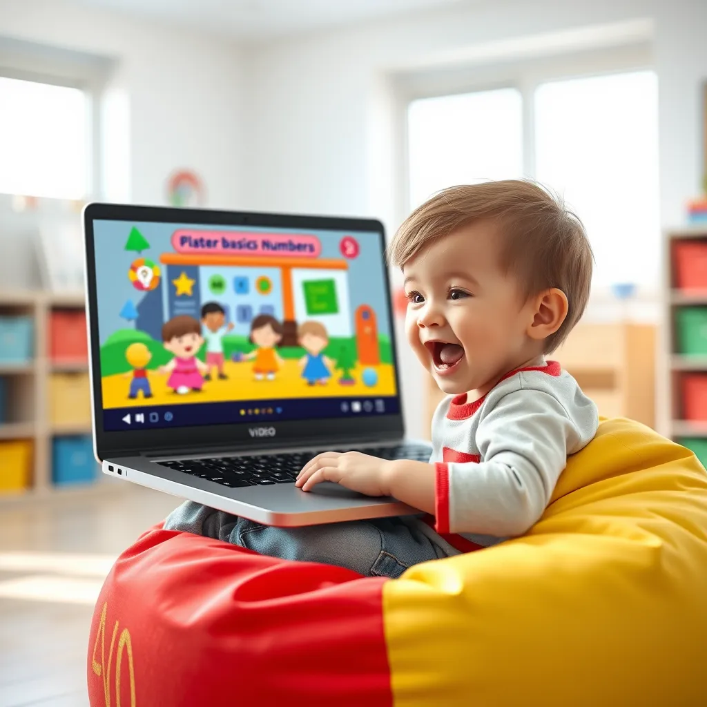 A photorealistic image of a young child, age 4-5, excitedly watching an educational video on a laptop. The child is seated on a colorful beanbag chair in a bright, airy classroom. The video features colorful animations and playful characters teaching basic concepts like colors, shapes, and numbers. The image should capture the child's curiosity and engagement with the video. The lighting should be soft and diffused, highlighting the child's expressive face and the colorful details of the video. 8K resolution, ultra-detailed, hyperrealistic.