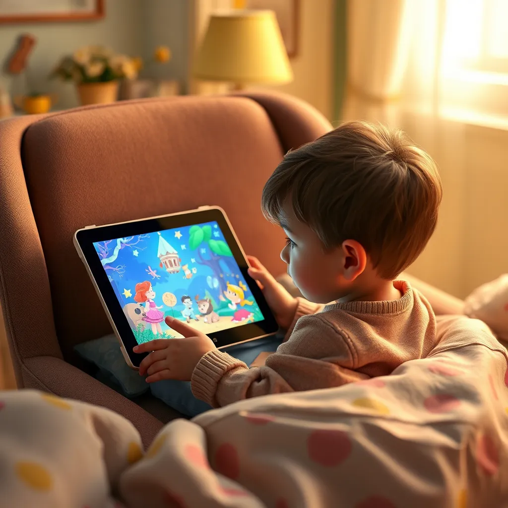 A photorealistic image of a young child, age 6-7, engrossed in an animated story on a tablet. The child is comfortably nestled in a cozy armchair in a brightly decorated bedroom. The animation depicts a whimsical fairy tale with colorful characters and imaginative settings. The image should capture the child's fascination with the story and the magical world unfolding on the screen. The lighting should be soft and warm, creating a cozy and inviting atmosphere. The image should be in the style of a classic animated film, with smooth, fluid movements and vibrant colors. 8K resolution, ultra-detailed, hyperrealistic.