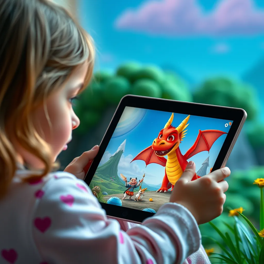 A young girl is engrossed in a tablet, watching an animated story about a friendly dragon who embarks on a fantastical adventure. The animation features vibrant colors, detailed characters, and imaginative landscapes, with a magical and whimsical feel.